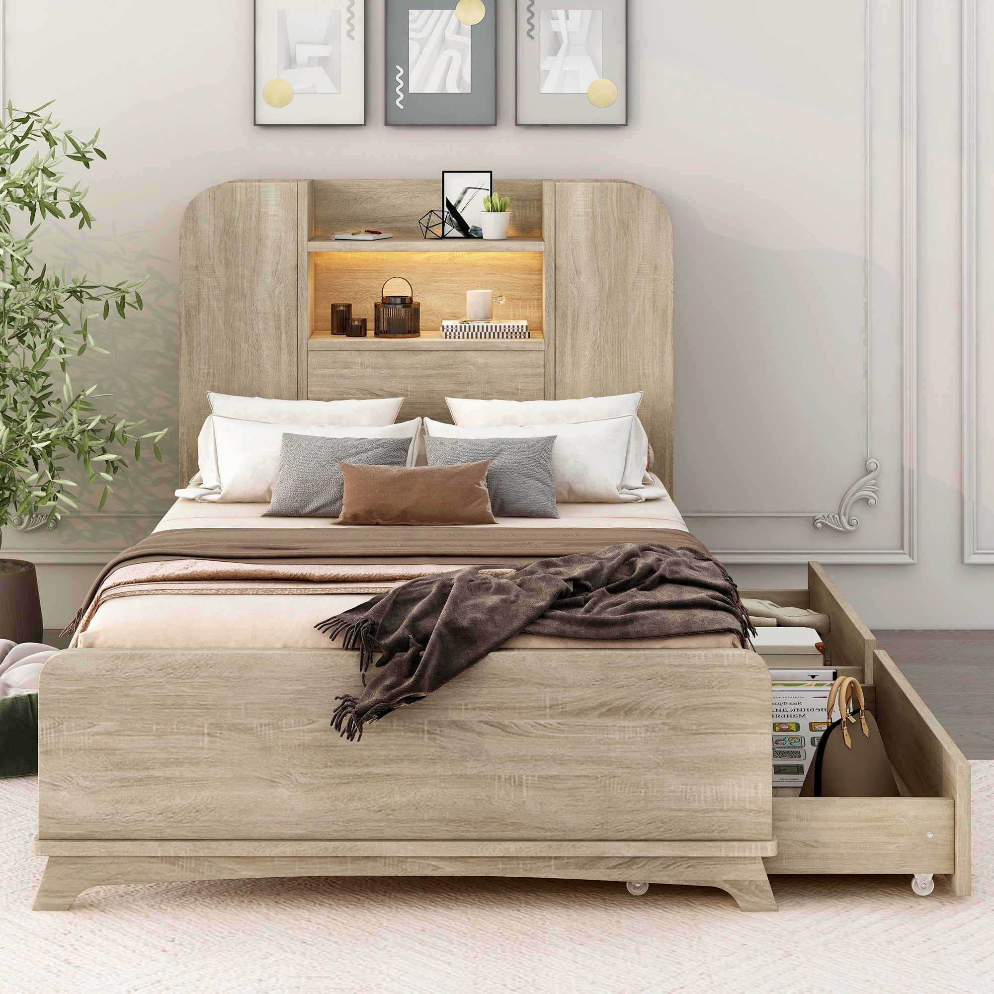 Twin Size Storage Platform Bed Frame with with Two Drawers and Light Strip Design in Headboard,Natural - Atlantic Fine Furniture Melbourne FL