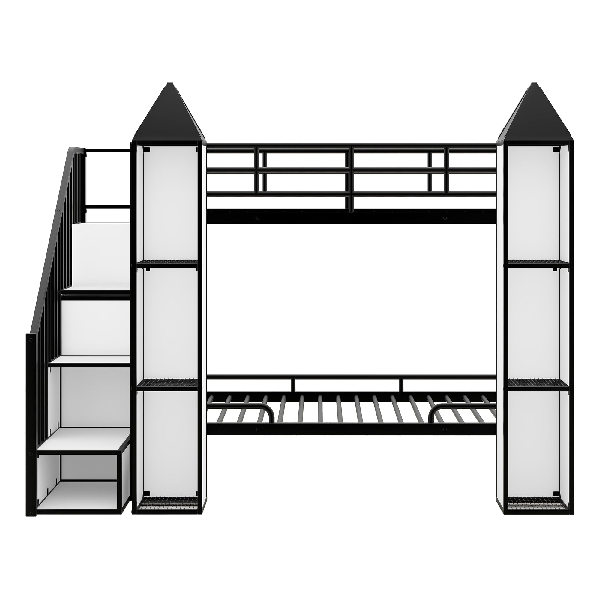Metal Twin over Twin Castle-shaped Bunk Bed with Wardrobe and Multiple Storage, Black+White - Atlantic Fine Furniture Melbourne FL