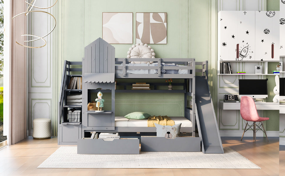 Twin-Over-Twin Castle Style Bunk Bed with 2 Drawers 3 Shelves and Slide - Gray - Atlantic Fine Furniture Melbourne FL