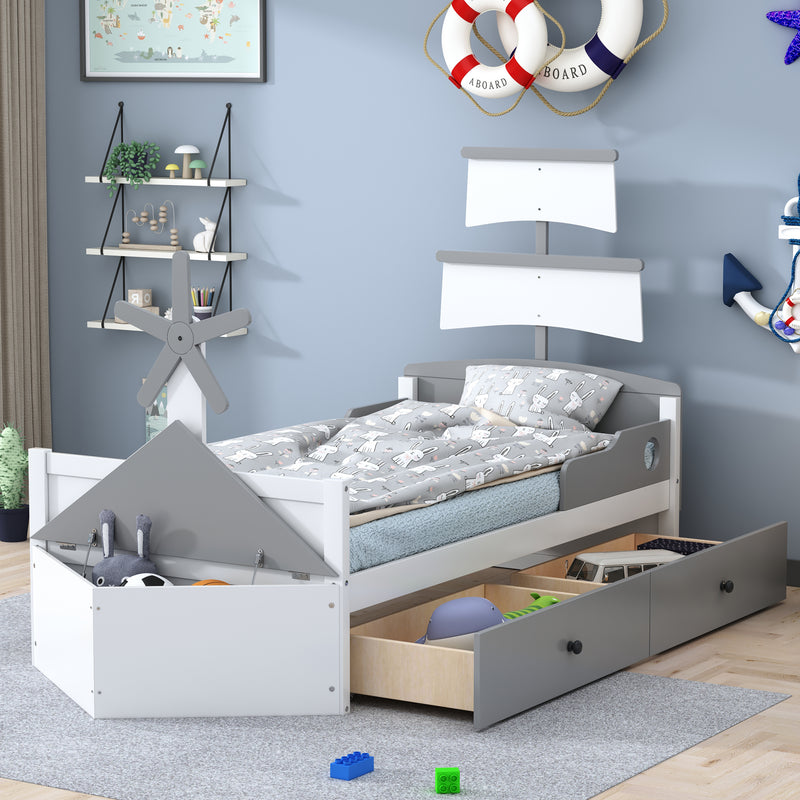 Twin Size Boat-Shaped Platform Bed with 2 Drawers,Twin Bed with Storage for Bedroom,Gray