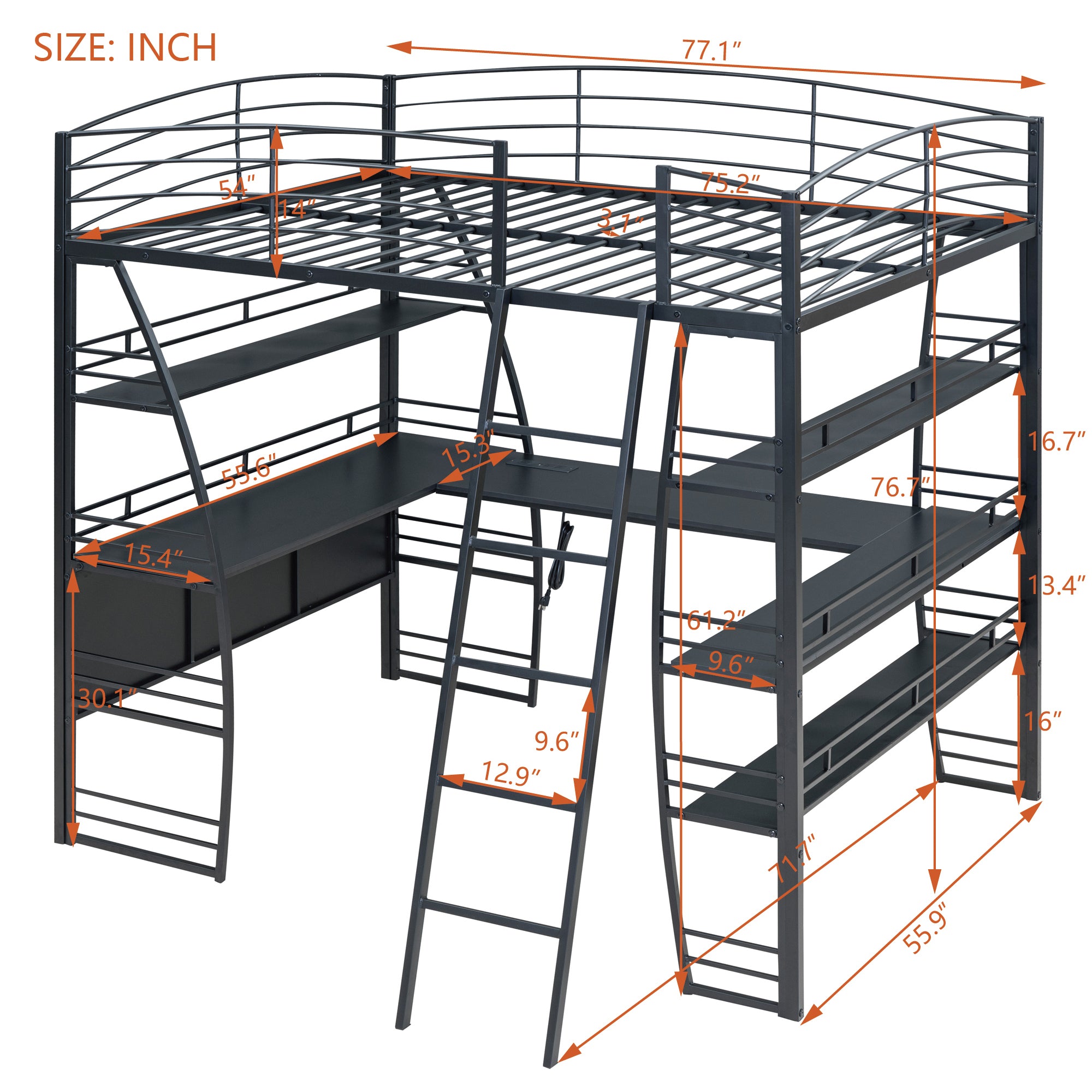 Full Size Loft Bed with 4 Layers of Shelves and L-shaped Desk, Stylish Metal Frame Bed with a set of Sockets, USB Ports and Wireless Charging, Black - Atlantic Fine Furniture Melbourne FL