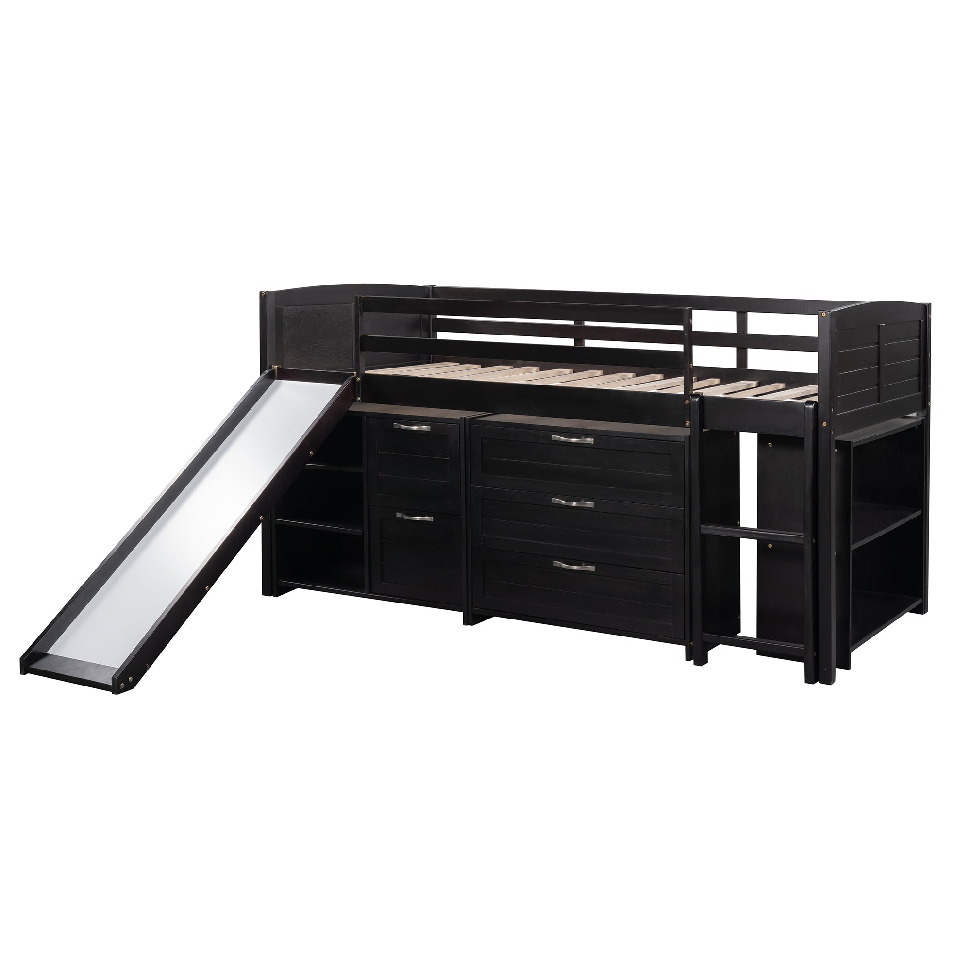 Low Twin Size Loft Bed with Cabinets, Shelves and Slide - Espresso(OLD SKU :LP000503AAP) - Atlantic Fine Furniture Melbourne FL