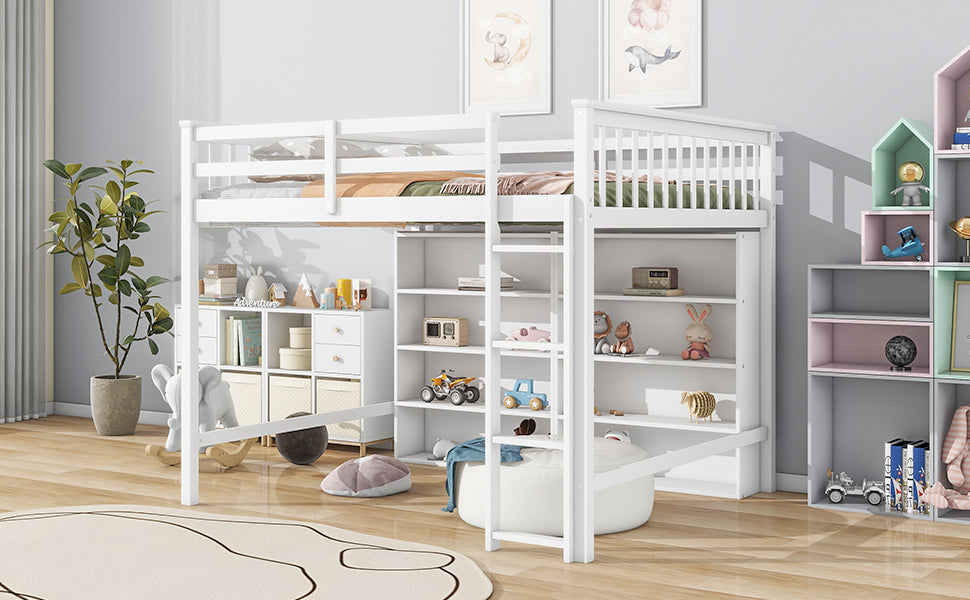 Full Size Loft Bed with 8 Open Storage Shelves and Built-in Ladder, White - Atlantic Fine Furniture Melbourne FL