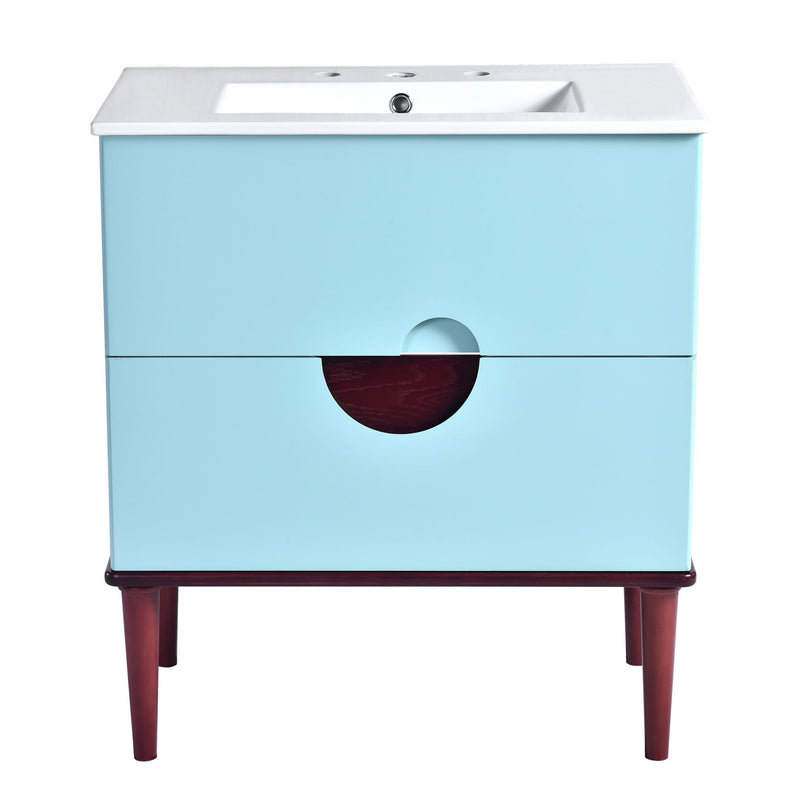 Bathroom Vanity Cabinet With Ceramic Sink Combo Set, Frame Modern Bathroom Storage Cabinet With 2 Drawers - Blue