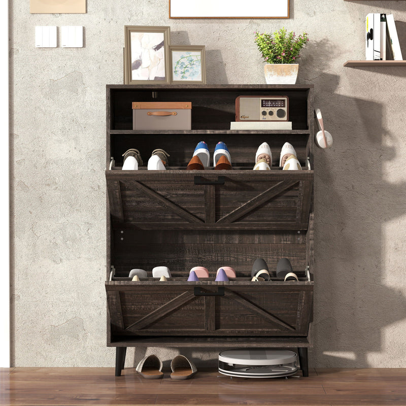Farmhouse Shoe Storage Cabinet With Barn Door Design, 2 Flip Drawers, Hooks - Dark Oak