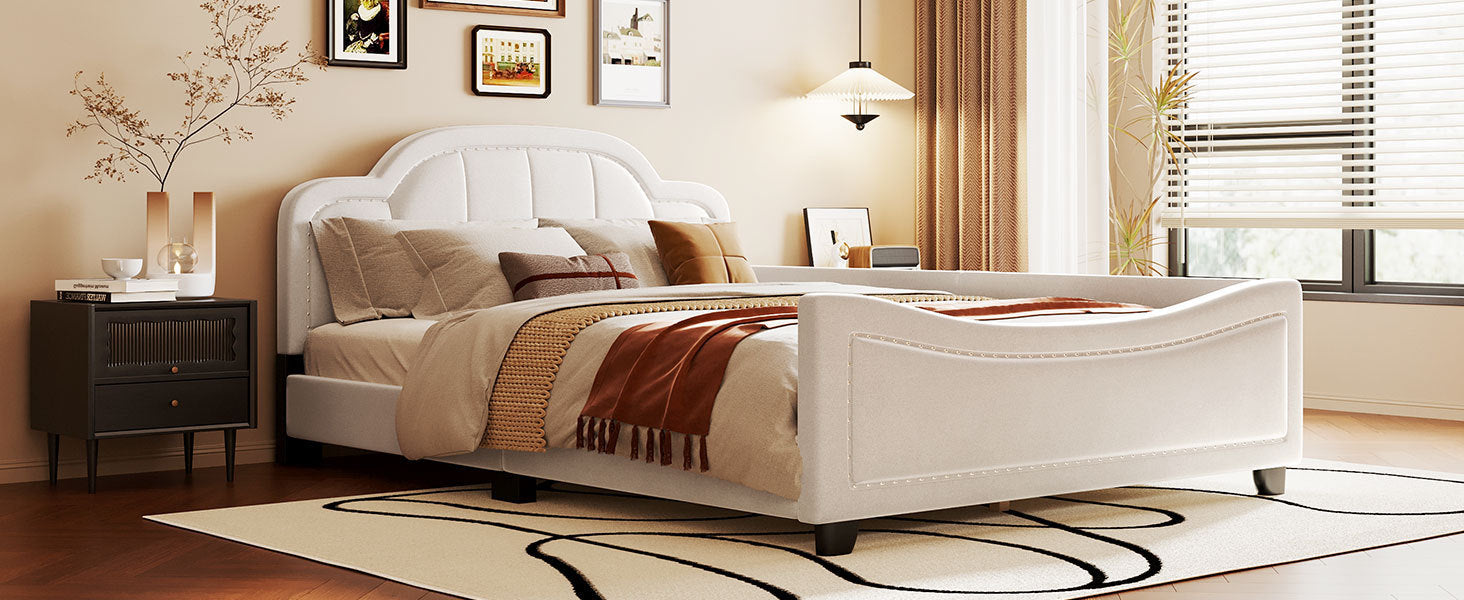 Full Size Upholstered Daybed with Cloud Shaped Headboard, Embedded Elegant Copper Nail Design, Beige - Atlantic Fine Furniture Melbourne FL
