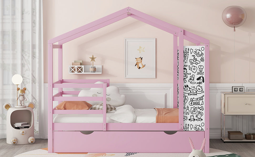 Twin Size Wood House Bed with Fence and Writing Board,Pink - Atlantic Fine Furniture Melbourne FL