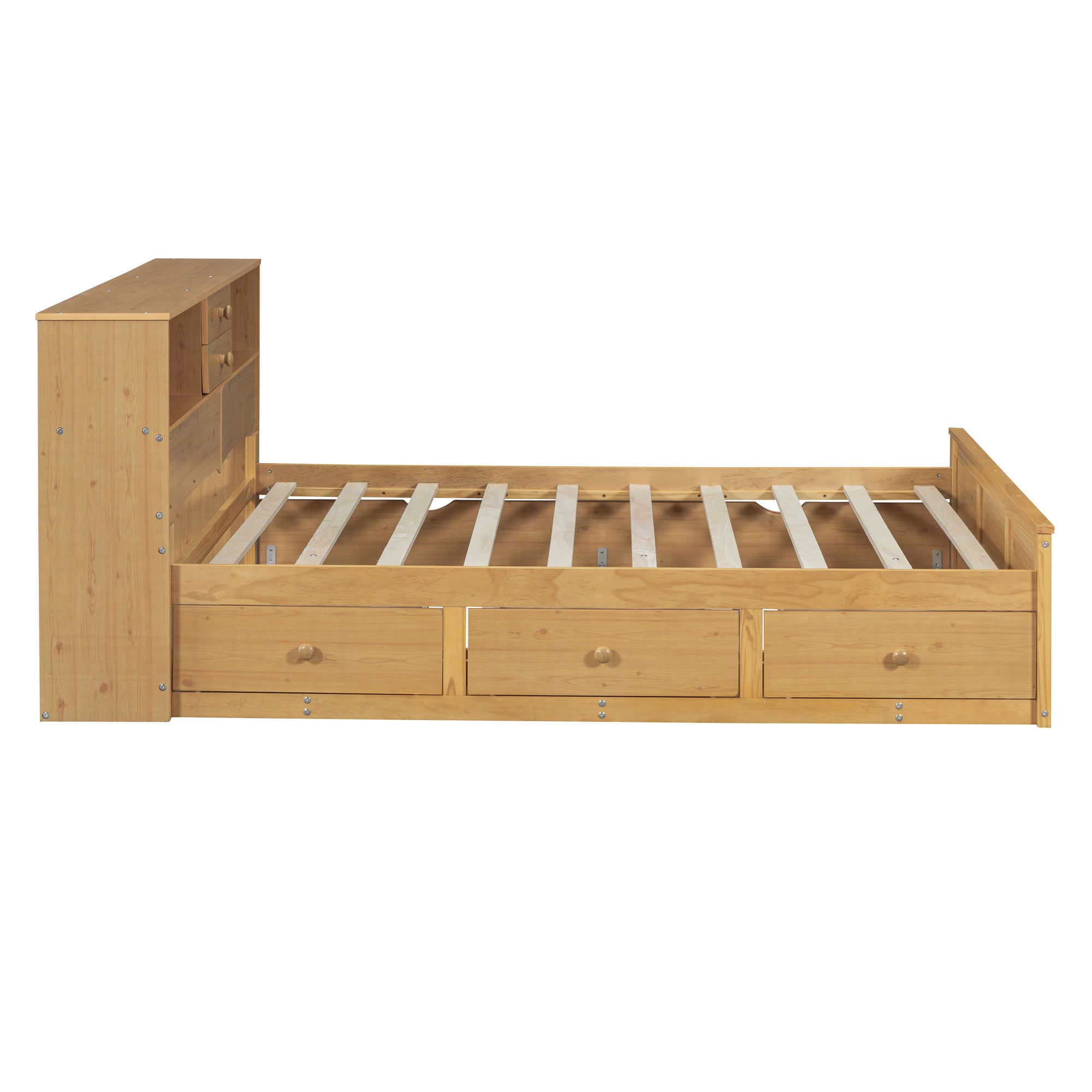 Full Size Wood Pltaform Bed with Twin Size Trundle, 3 Drawers, Upper Shelves and a set of USB Ports & Sockets, Natural - Atlantic Fine Furniture Melbourne FL