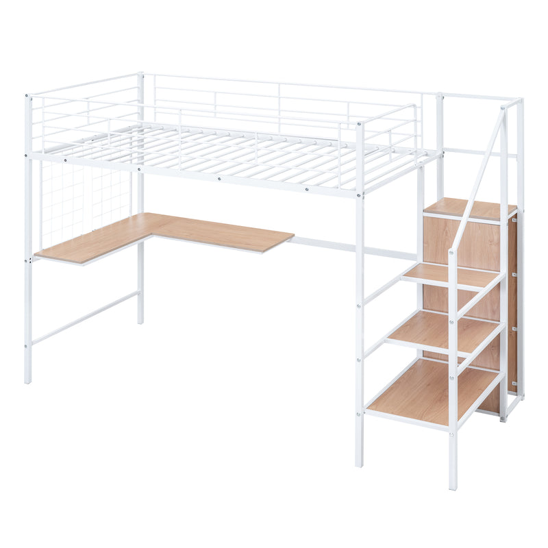 Twin Size Metal Loft Bed with Desk and Metal Grid, Stylish Metal Frame Bed with Lateral Storage Ladder and Wardrobe, White