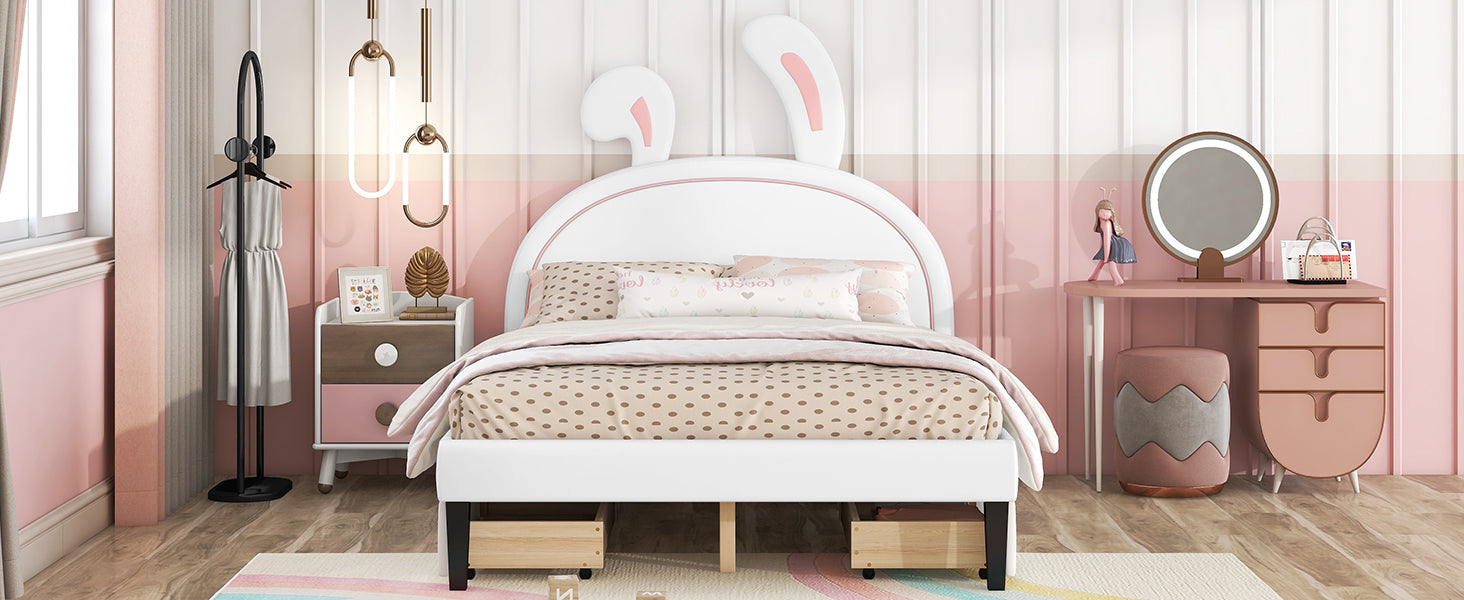 Full Size Upholstered Leather Platform Bed with Rabbit Ornament and 4 Drawers, White - Atlantic Fine Furniture Melbourne FL