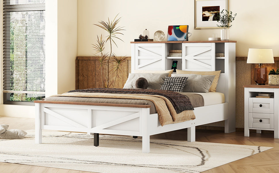 Farmhouse Platform Bed with Double Sliding Barn Door, Full Size Rustic Wood Bed with
Charging Station, Wood Slats Support, White+Brown