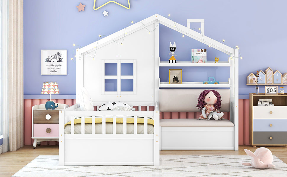 Twin Size House Bed with Sofa, Kids Platform Bed with Two Drawers and Storage Shelf, White - Atlantic Fine Furniture Melbourne FL
