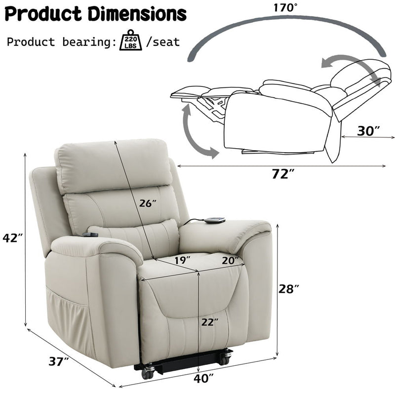 Marsha - Power Recliner With Lift & Massage - Light Gray Silicone Synthetic Leather