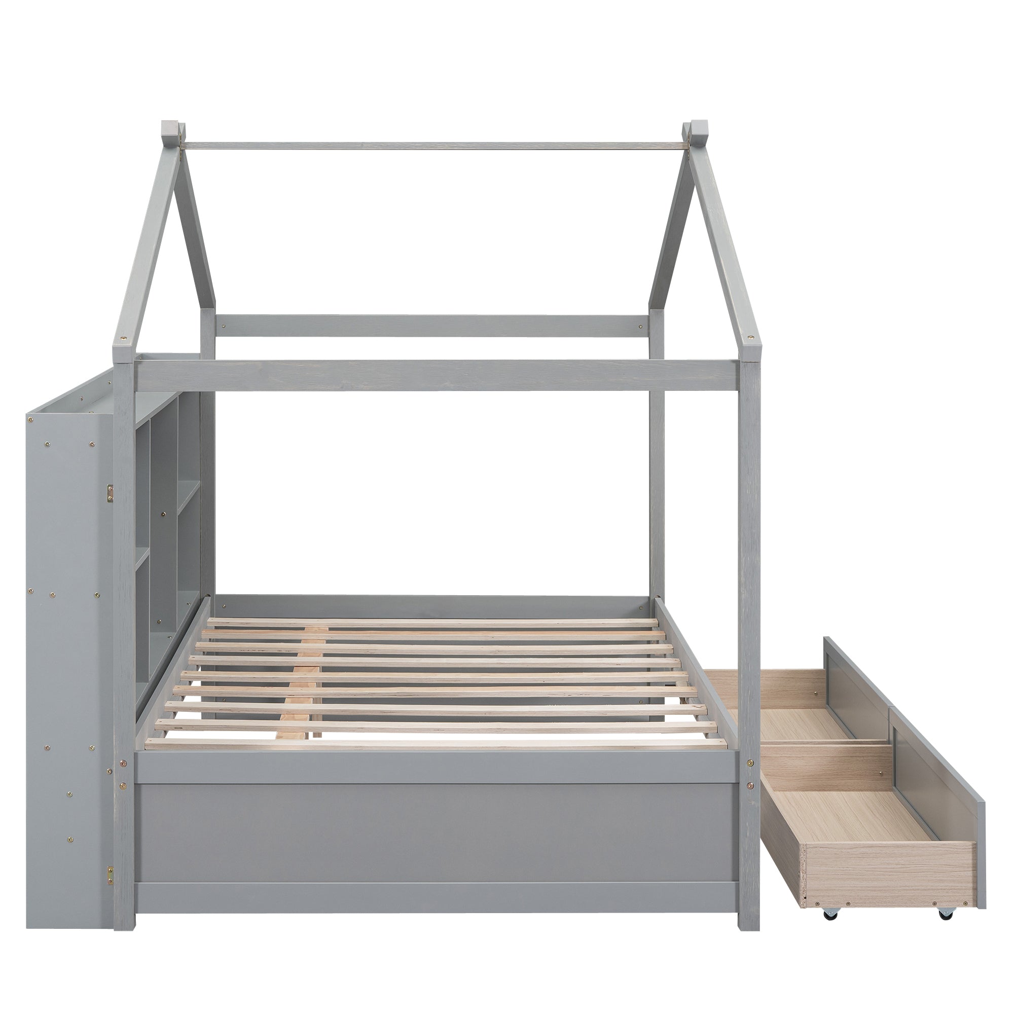 Full Size House Bed with Storage Shelves and 2 Drawers, Brushed Gray - Atlantic Fine Furniture Melbourne FL