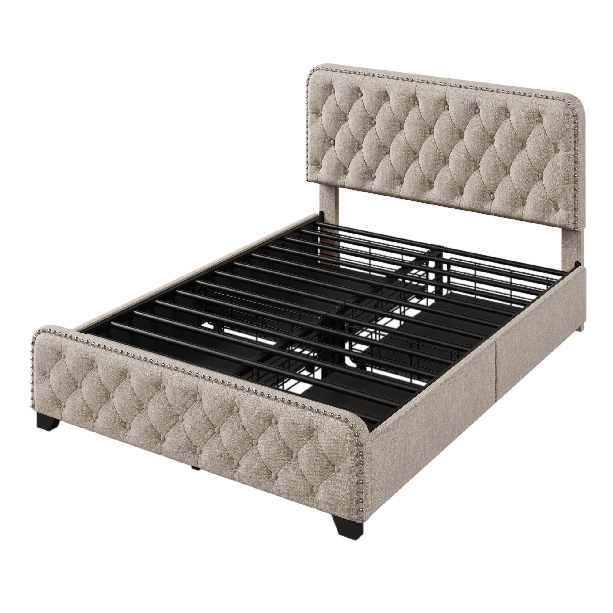 Upholstered Platform Bed Frame with Four Drawers, Button Tufted Headboard and Footboard Sturdy Metal Support, No Box Spring Required, Beige, Full (Old sku:BS300281AAA) - Atlantic Fine Furniture Melbourne FL