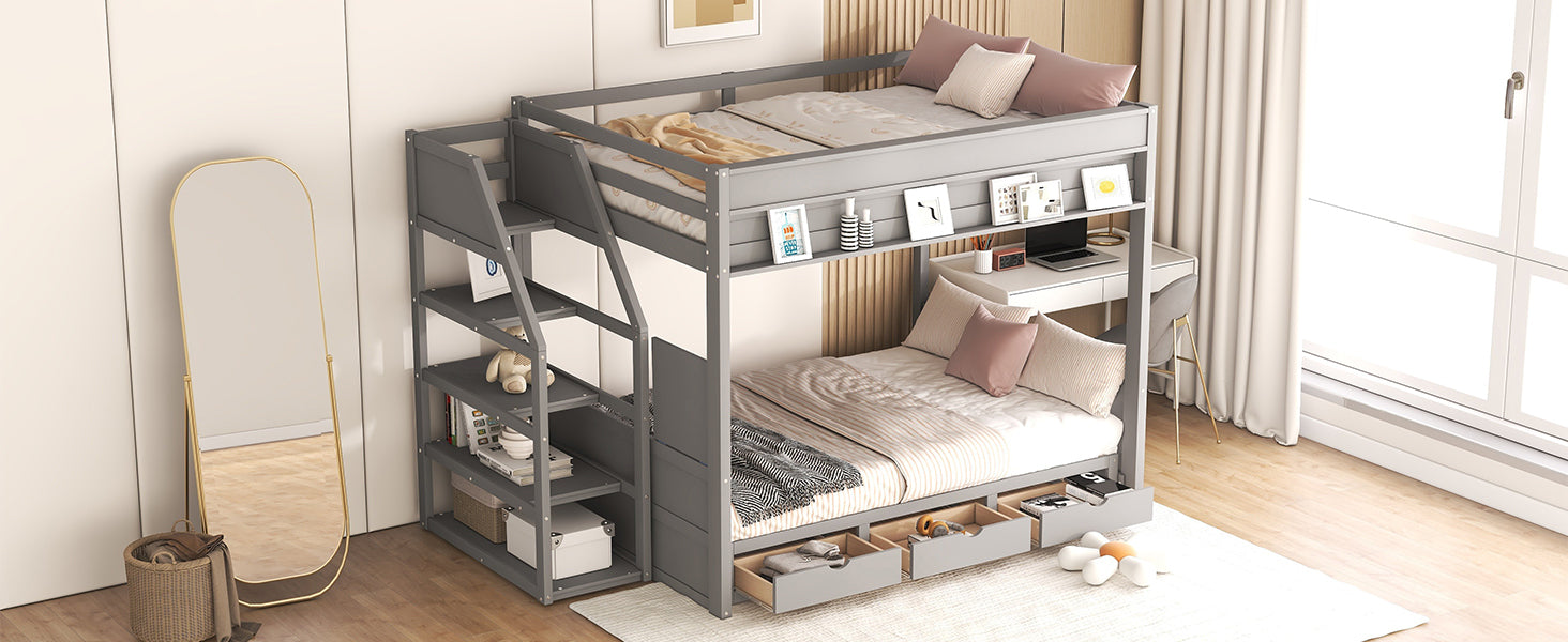 Wood Full Size Convertible Bunk Bed with Storage Staircase, Bedside Table, and 3 Drawers, Gray - Atlantic Fine Furniture Melbourne FL