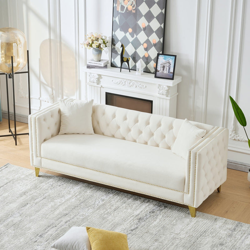 3 Seater Deep Seat Sofa, Sofa With Button Nailhead, Square Arm Couches, Furniture For Living Room - Beige