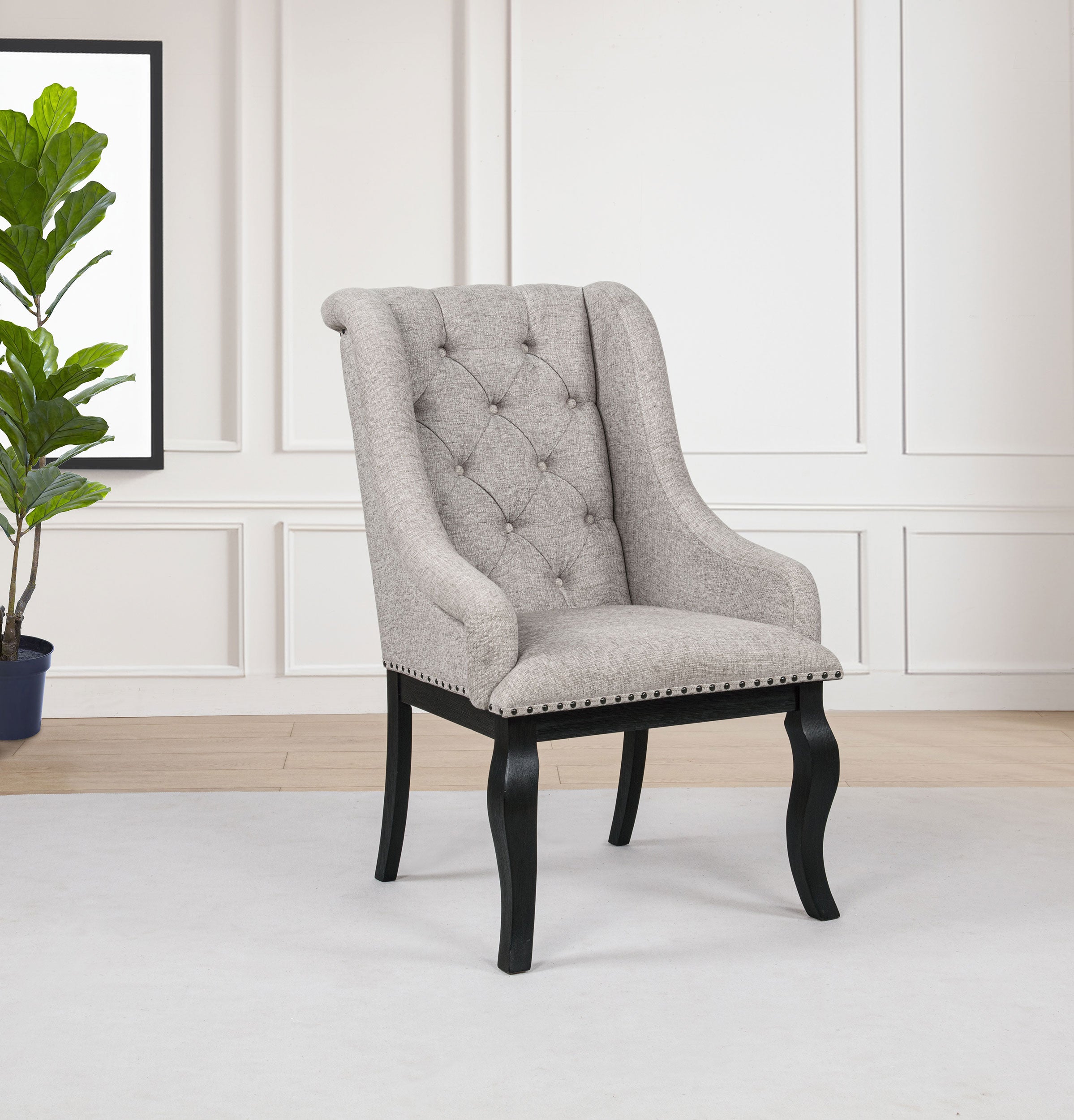 Phelps Upholstered Dining Arm Chair Tan Distressed Noir (Set of 2) — view 2