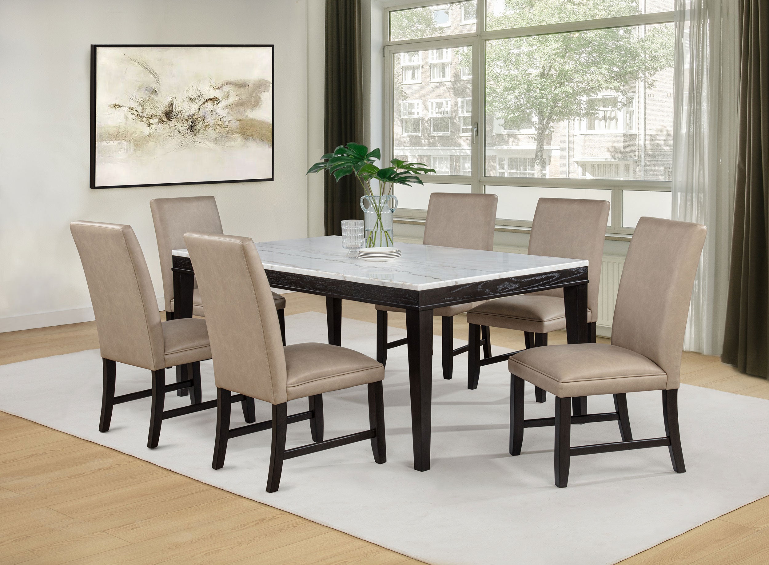 Averill 7-piece White Marble Top Dining Set Tan and Coffee Bean — view 1