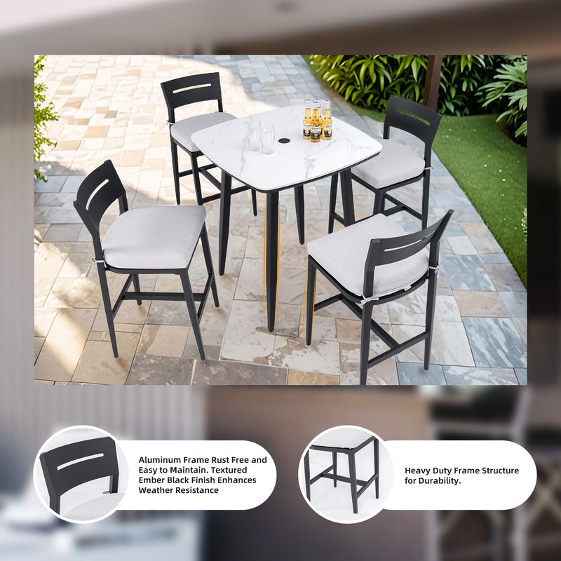 Modern Outdoor Bar Stools, Patio Chairs With Backrest And Footrest, Weather Resistant, Sunbrella Cushions (Set of 2) - Ember Black