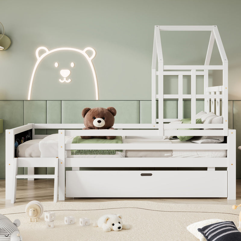 House Bed With Ladder And Storage Drawers Platform With Blackboard, No Box Spring