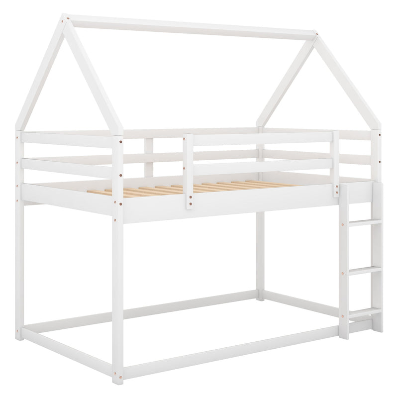 Twin Over Twin Low Bunk Bed, House Bed With Ladder - White