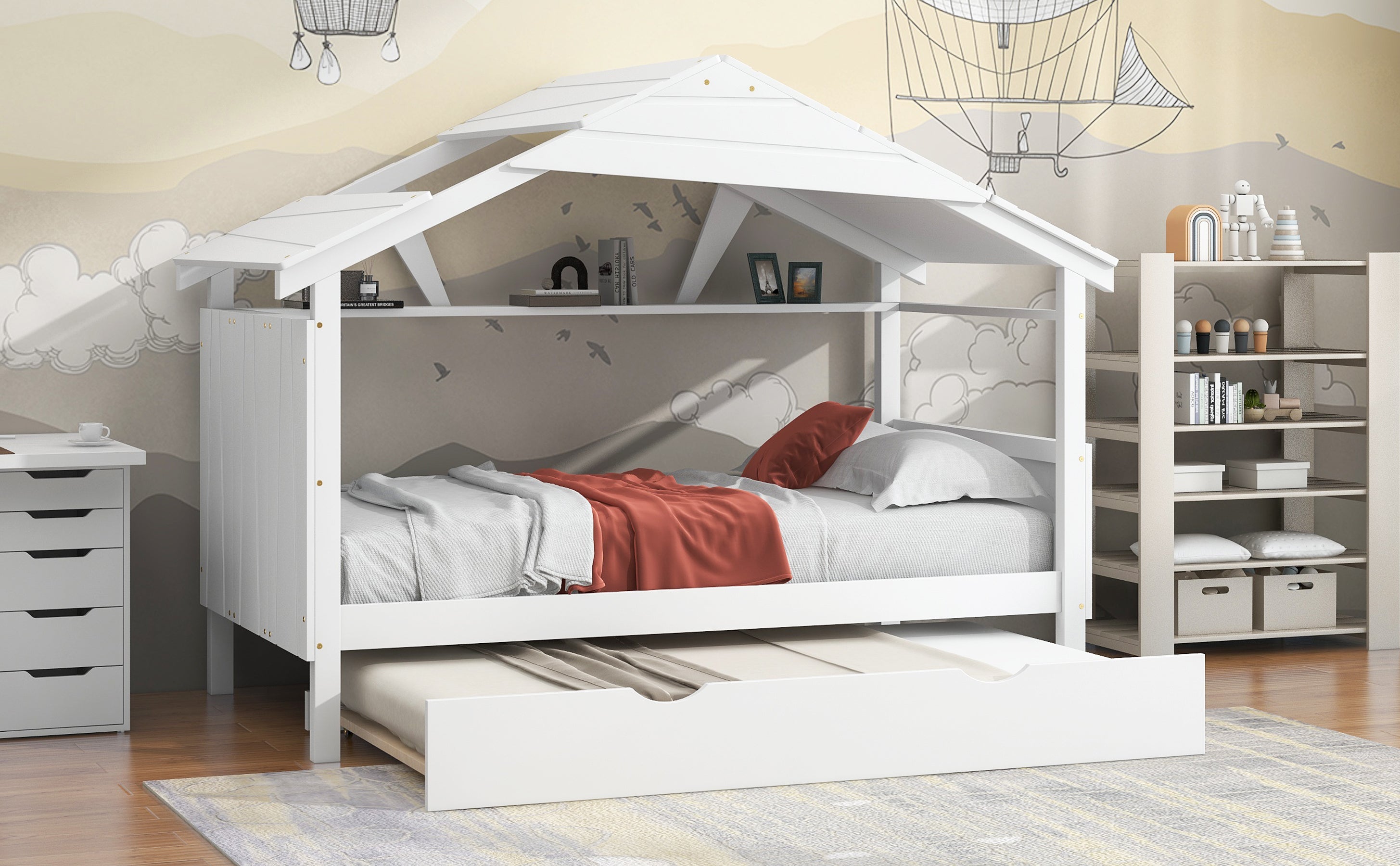 Wood Twin Size House Bed with Trundle and Storage, White - Atlantic Fine Furniture Melbourne FL