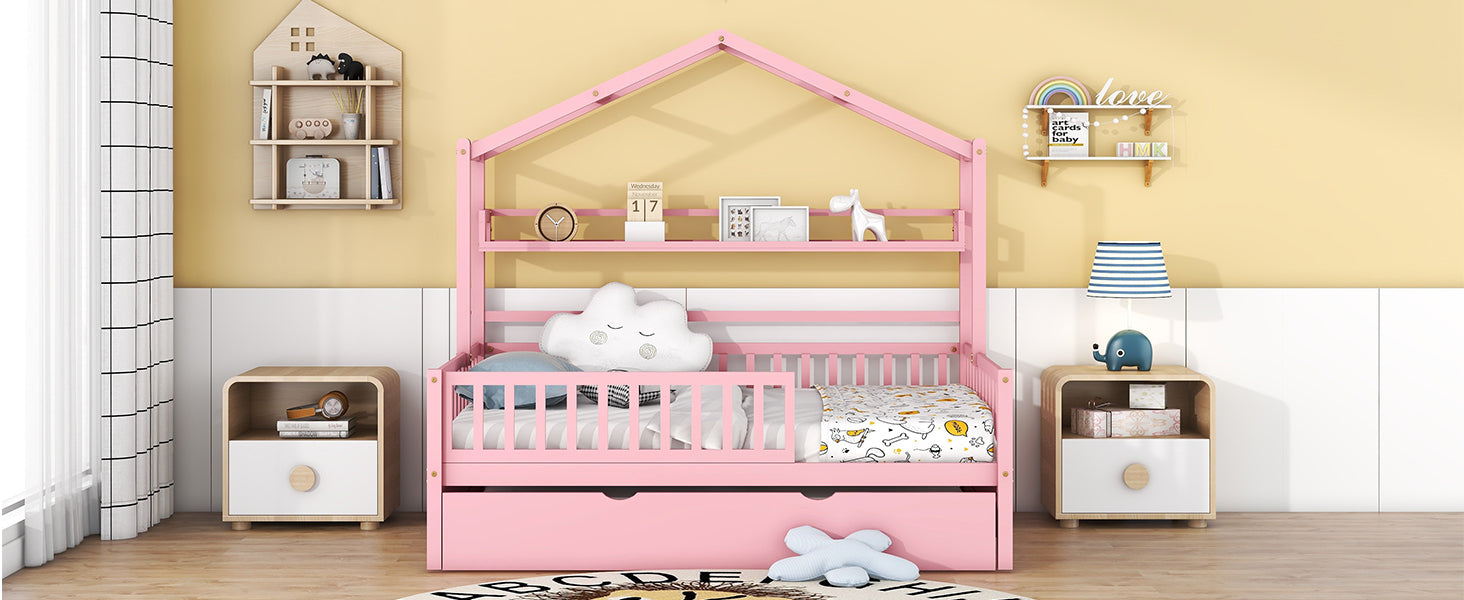 Wooden Full Size House Bed with Twin Size Trundle,Kids Bed with Shelf, Pink - Atlantic Fine Furniture Melbourne FL