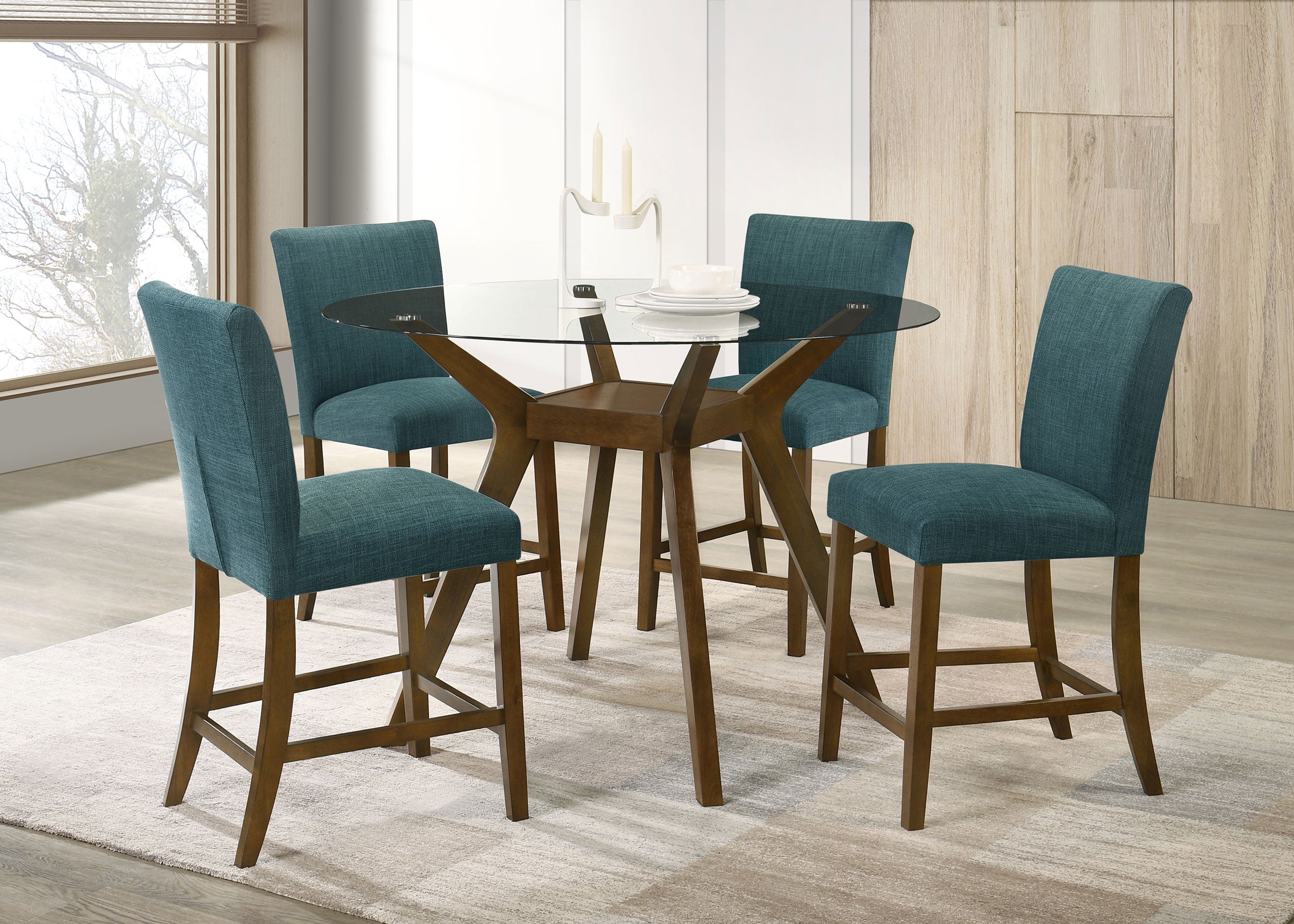 Paxton 5-piece Round Glass Top Counter Height Dining Set Teal Blue — view 1