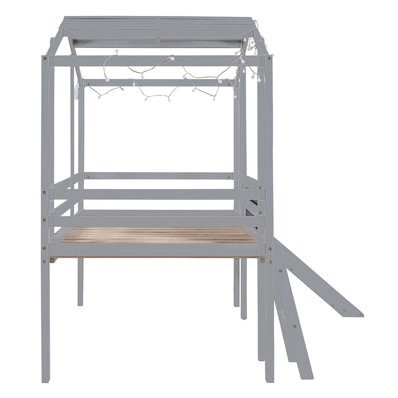 Twin Size Loft Bed with Ladder and Slide, House Bed with Blackboard and Light Strip on the Roof, Gray