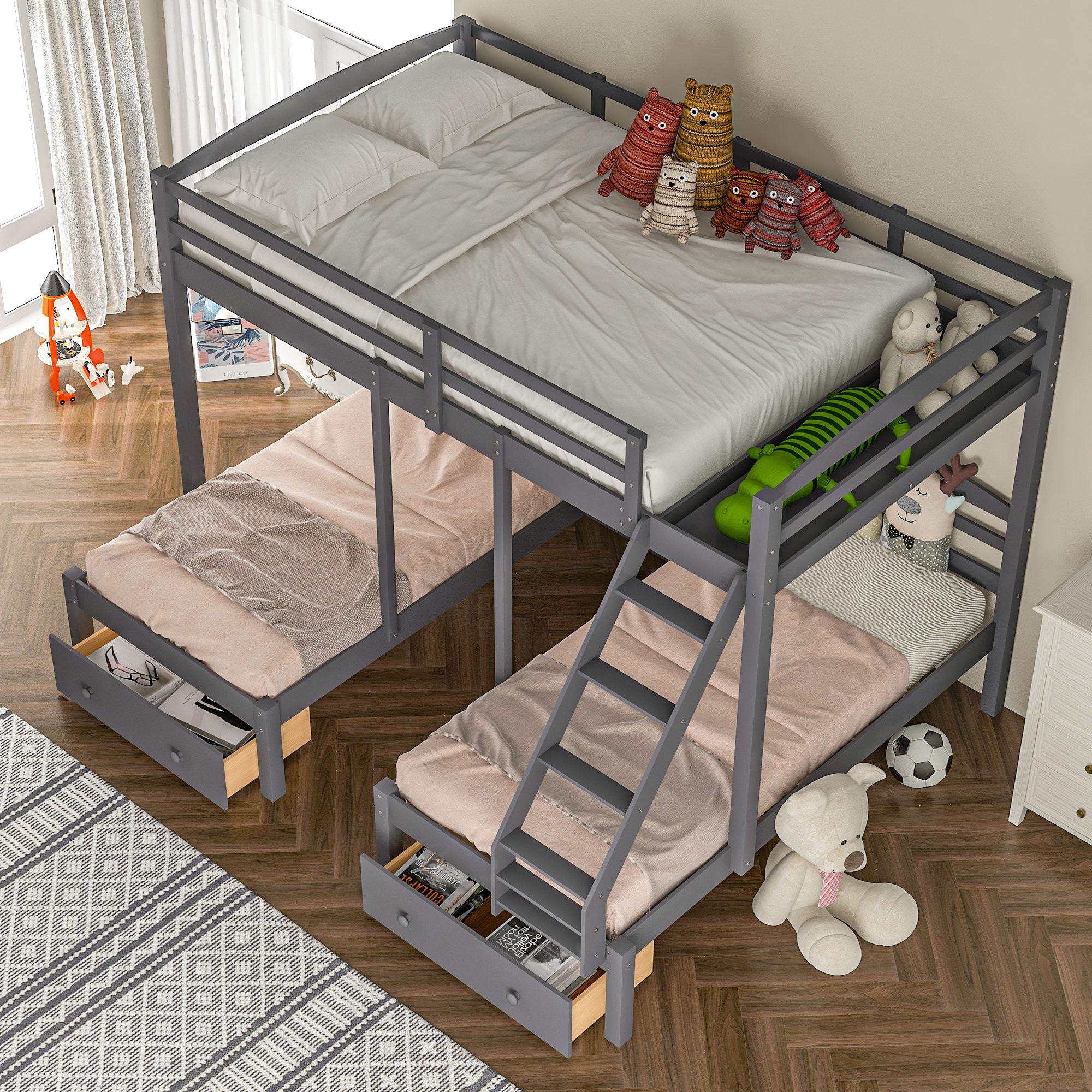 Full over Twin & Twin Bunk Bed,Triple Bunk Bed with Drawers, Gray - Atlantic Fine Furniture Melbourne FL
