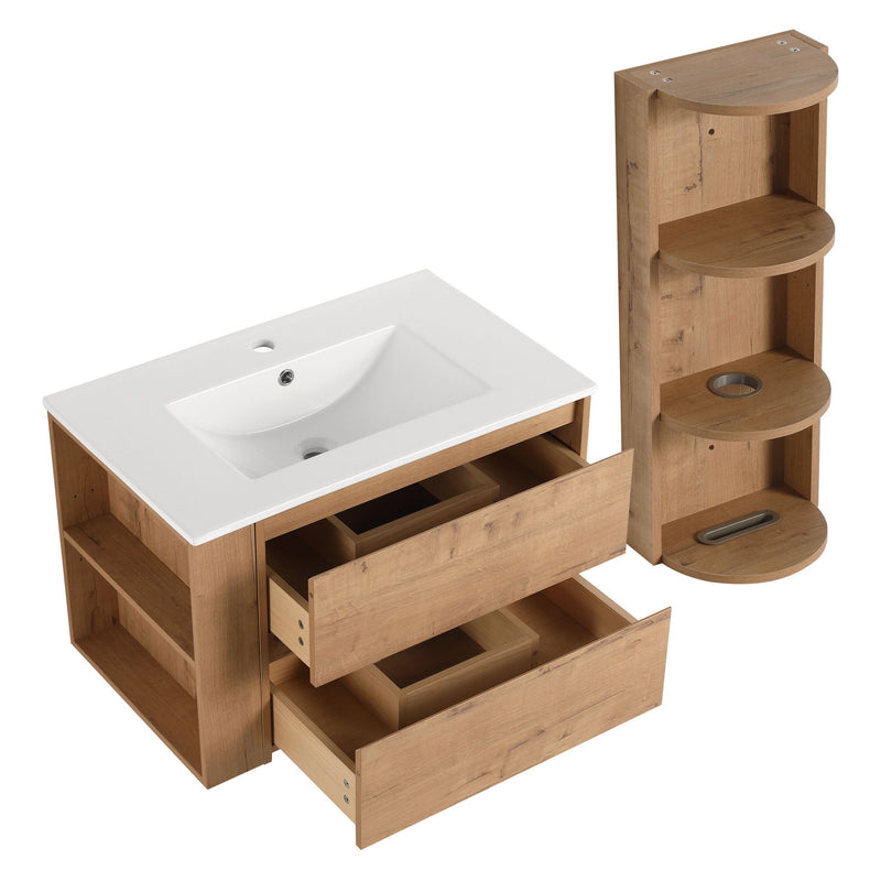 Modern Wall Mounted Bathroom Vanity With Ceramic Sink And Storage Rack, 2 Soft Close Drawers
