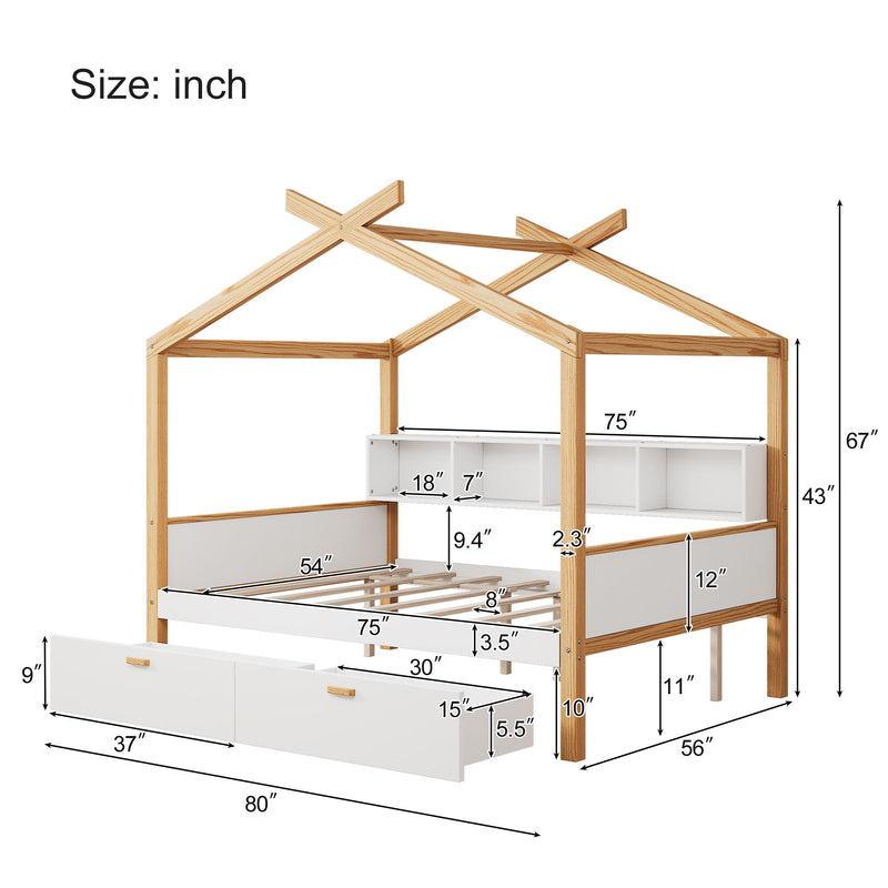 Full Size Wooden House Bed Original Wood Colored Frame With Two Drawers And Bookshelf Storage Space For Children Or Guest Room - White