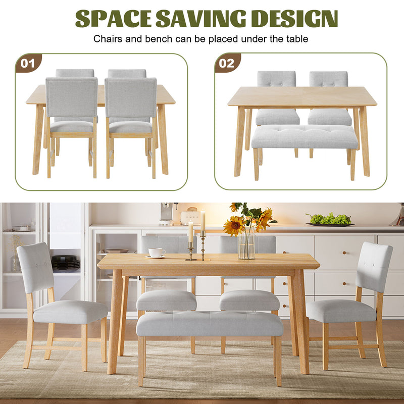 Rustic Farmhouse Dining Room Rectangular Table With 4 Upholstered Chairs And Bench