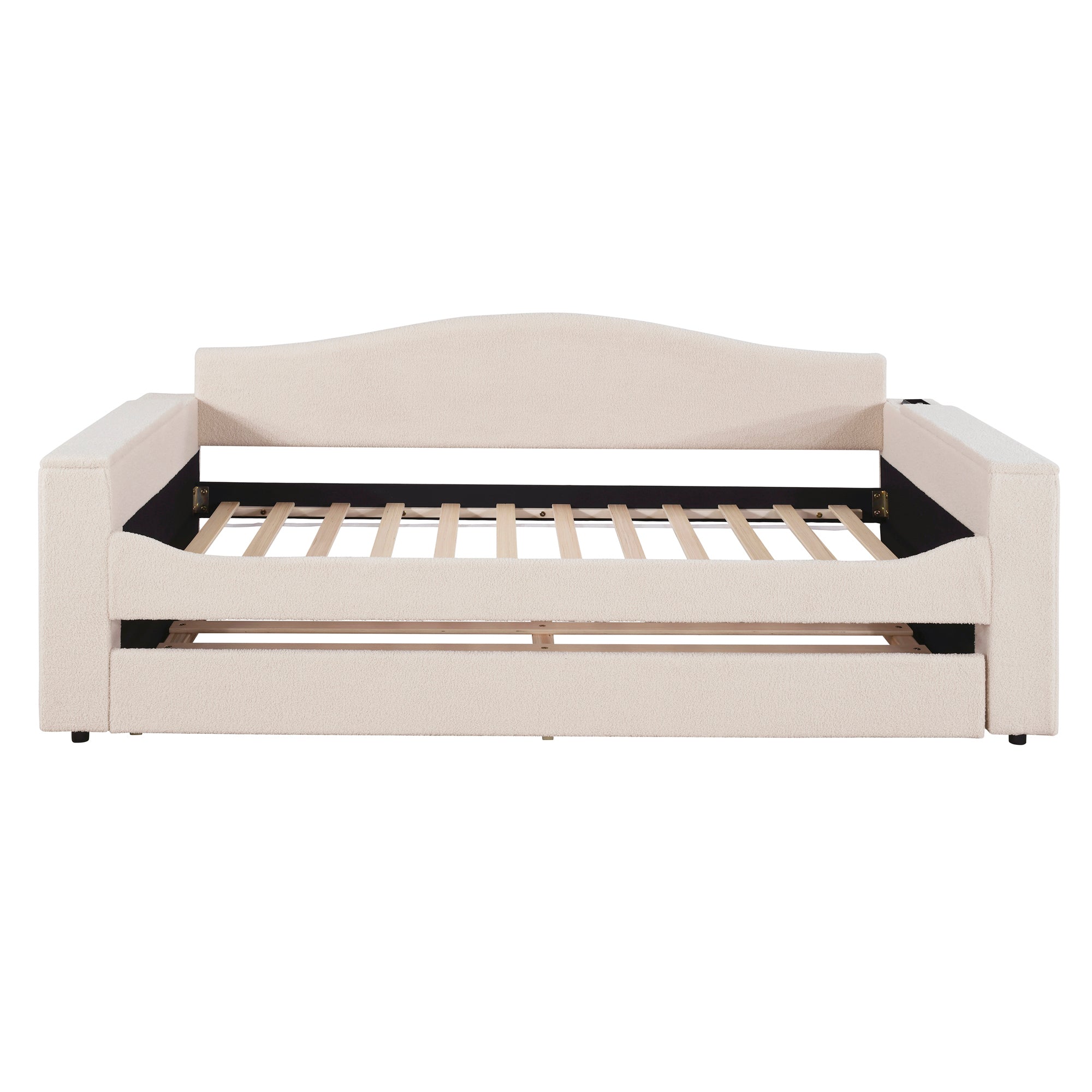 Twin Size Upholstered Daybed with Storage Armrests, Trundle and Latest Integrated Bluetooth Audio System, Teddy Fleece, Beige - Atlantic Fine Furniture Melbourne FL
