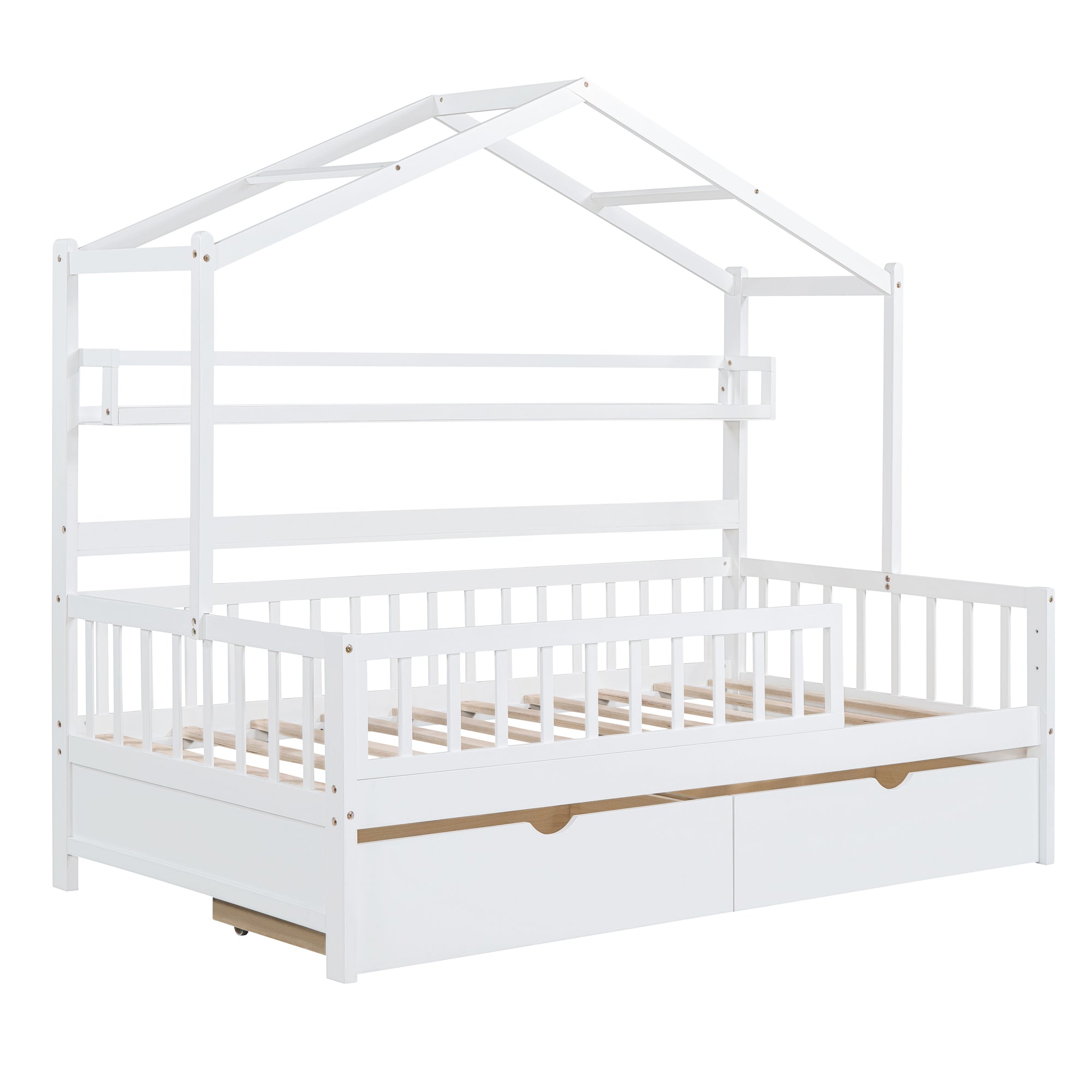 Wooden Twin Size House Bed with 2 Drawers,Kids Bed with Storage Shelf, White - Atlantic Fine Furniture Melbourne FL