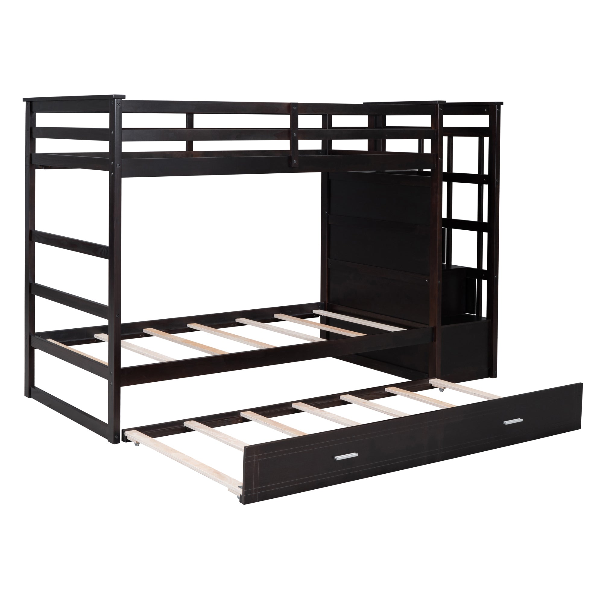 Twin Over Twin Bunk Bed with Trundle and Staircase,Espresso(OLD SKU:LT000068AAP) - Atlantic Fine Furniture Melbourne FL