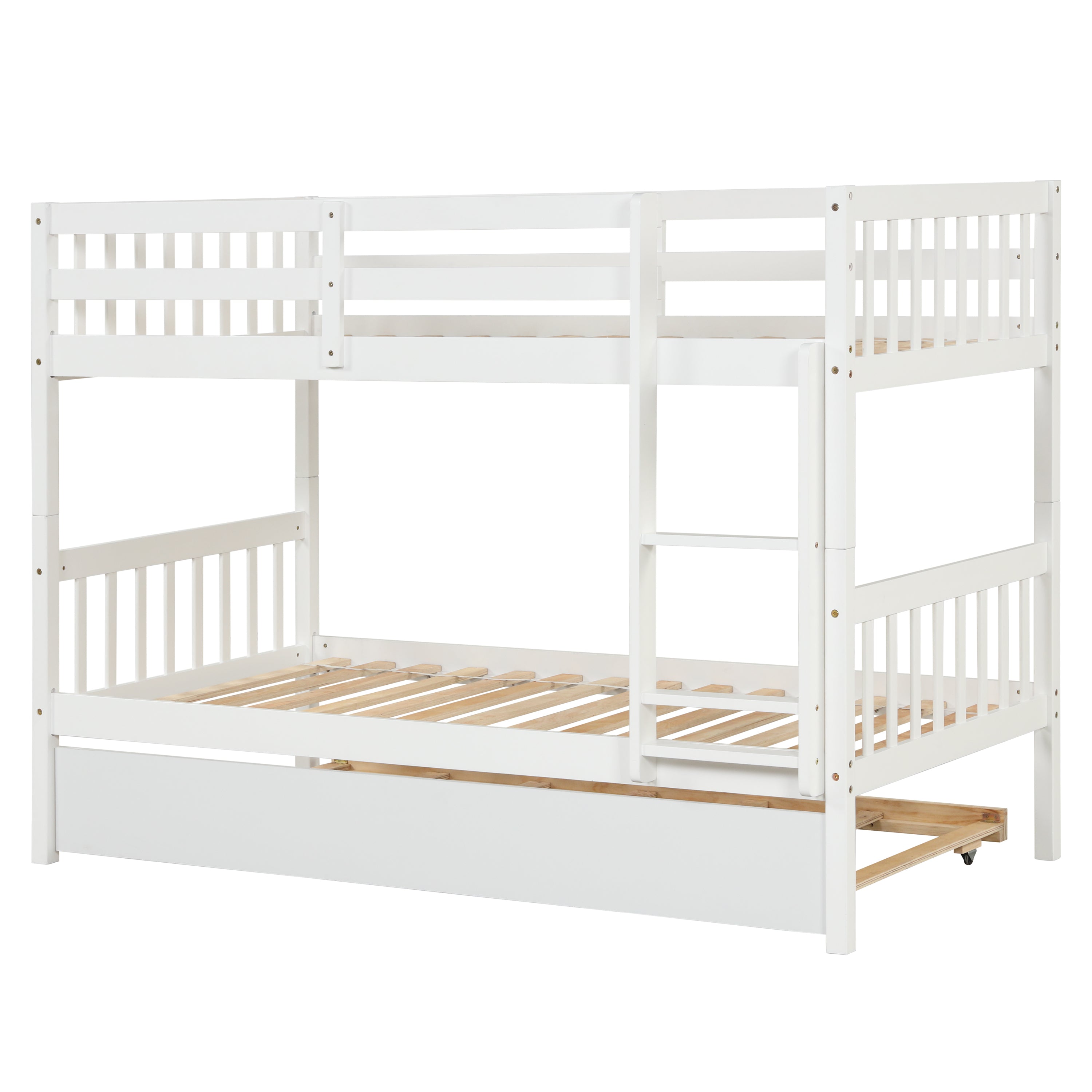 Twin Over Twin Bunk Beds with Trundle, Solid Wood Trundle Bed Frame with Safety Rail and Ladder, Kids/Teens Bedroom, Guest Room Furniture, Can Be converted into 2 Beds, White (Old Sku:W504S00028)