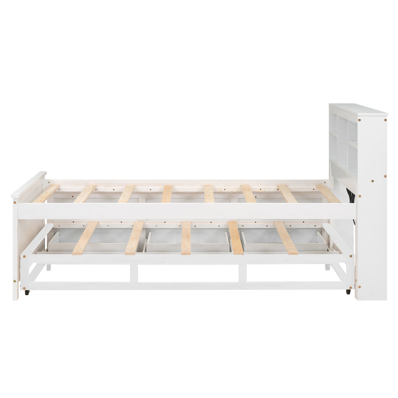 Twin Size Platform Bed with Storage Headboard, USB, Twin Size Trundle and 3 Drawers, White