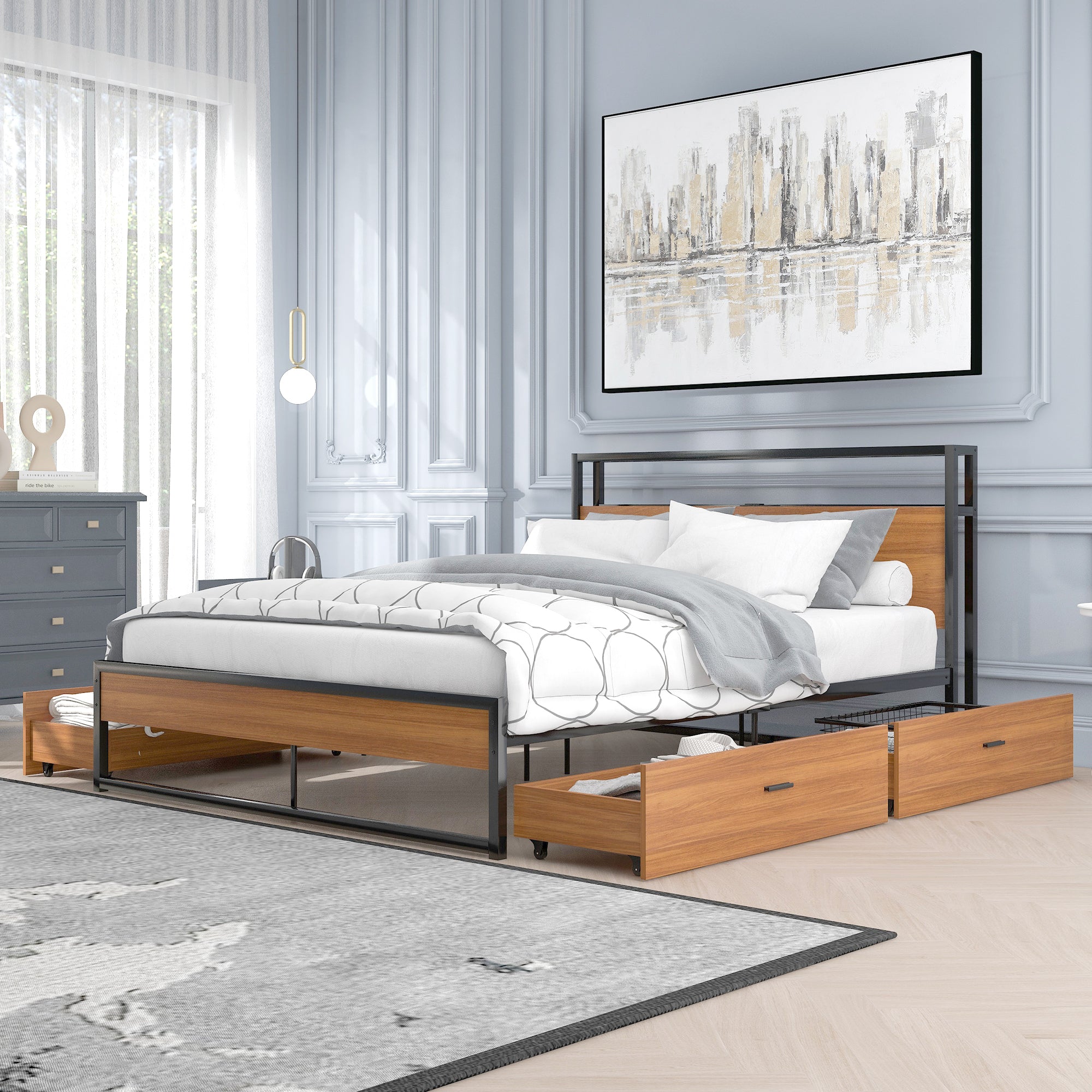 Full Size Metal Platform Bed Frame with  Four Drawers,Sockets and USB Ports ,Slat Support No Box Spring Needed Black - Atlantic Fine Furniture Melbourne FL