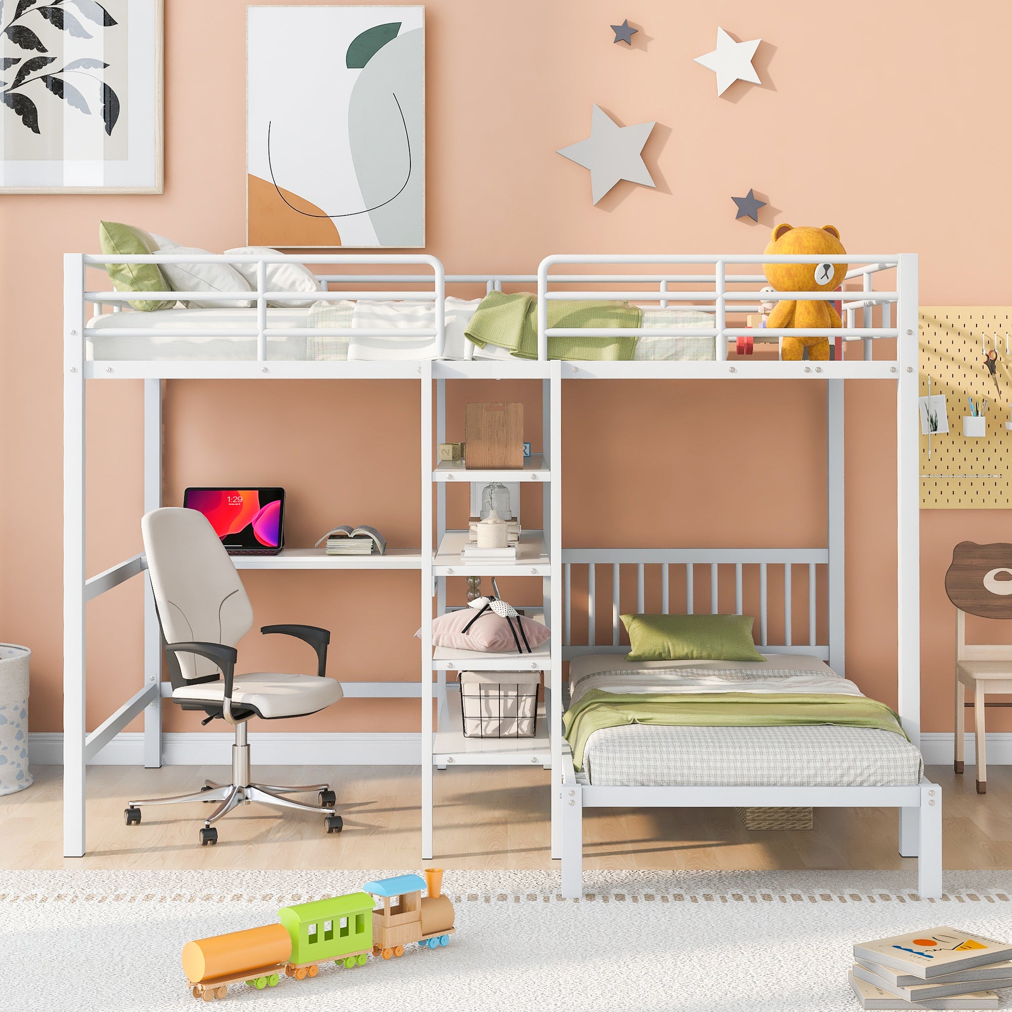 Full Over Twin Metal Bunk Bed with Built-in Desk, Shelves and Ladder, White - Atlantic Fine Furniture Melbourne FL