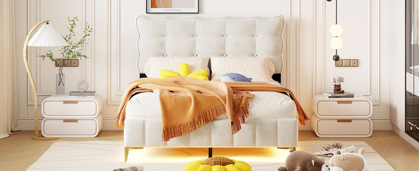 Full Size Velvet Platform Bed with LED Frame and Stylish Mental Bed Legs, Beige - Atlantic Fine Furniture Melbourne FL