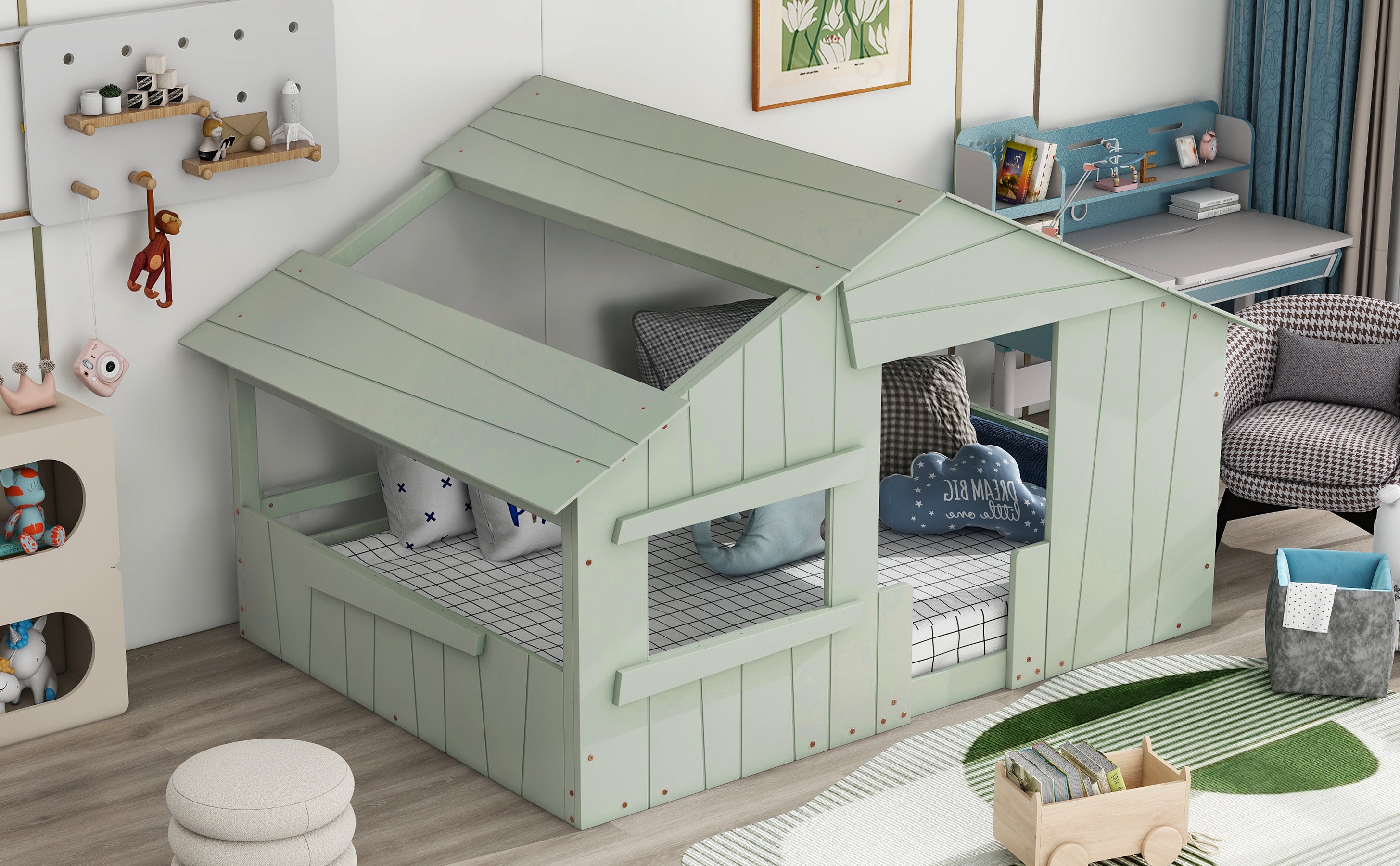 Wood Full Size House Bed with Roof, Window and Guardrail, Light Green - Atlantic Fine Furniture Melbourne FL