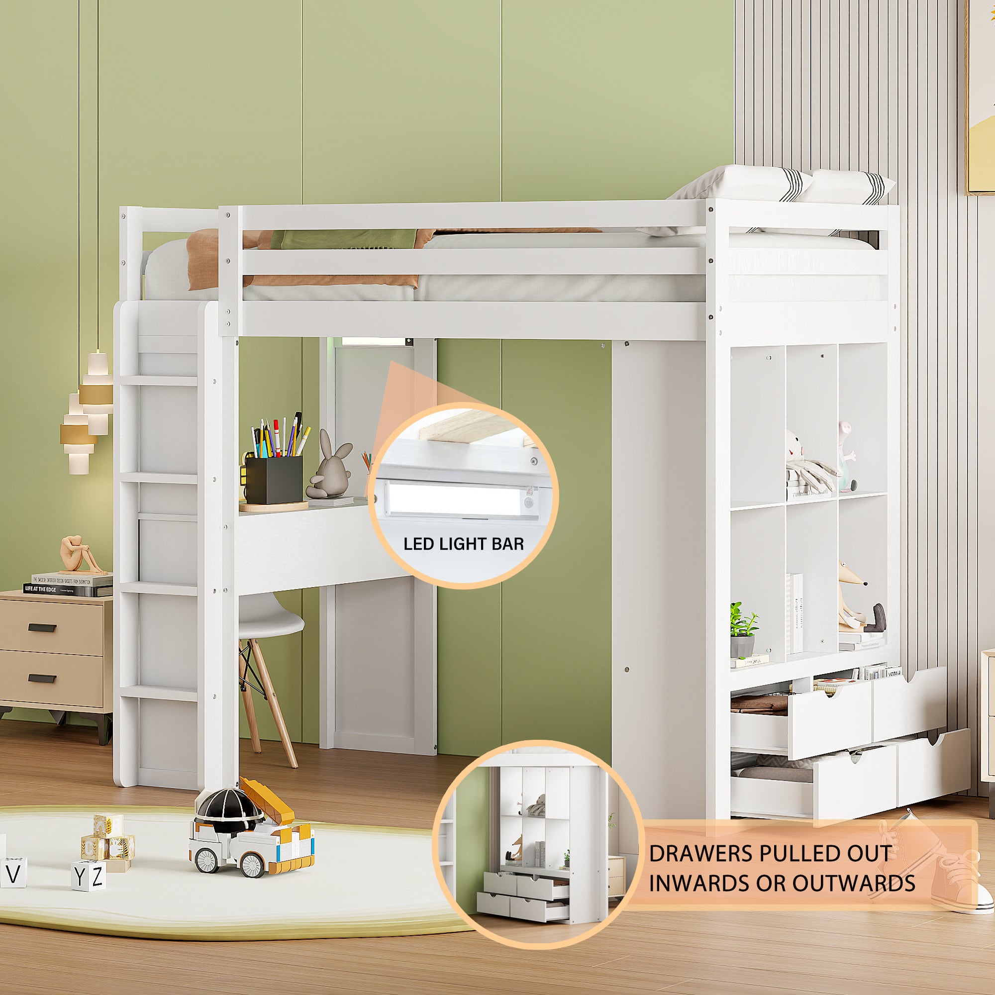 Twin Size Loft Bed with large shelves, writing desk and LED Light, White - Atlantic Fine Furniture Melbourne FL