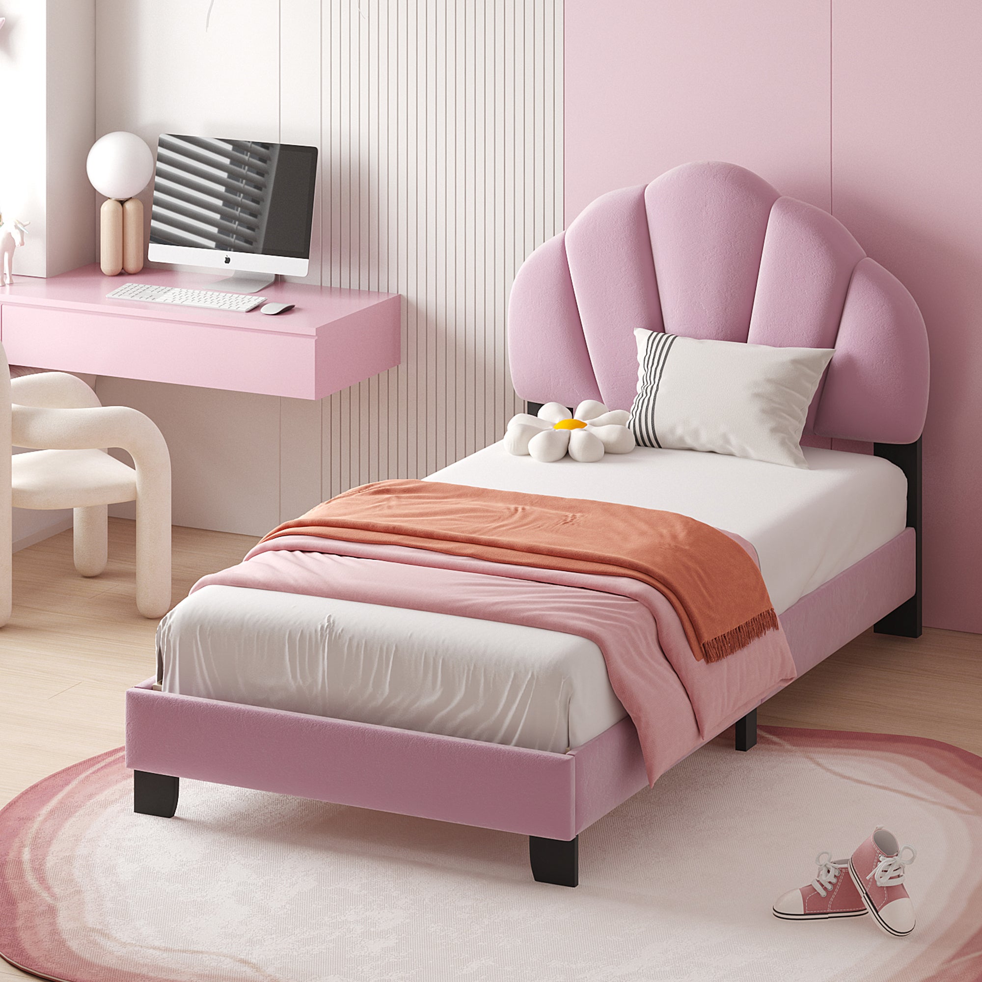 Twin Size Upholstered Velvet Platform Bed with Shell-Shaped Headboard, Pink - Atlantic Fine Furniture Melbourne FL