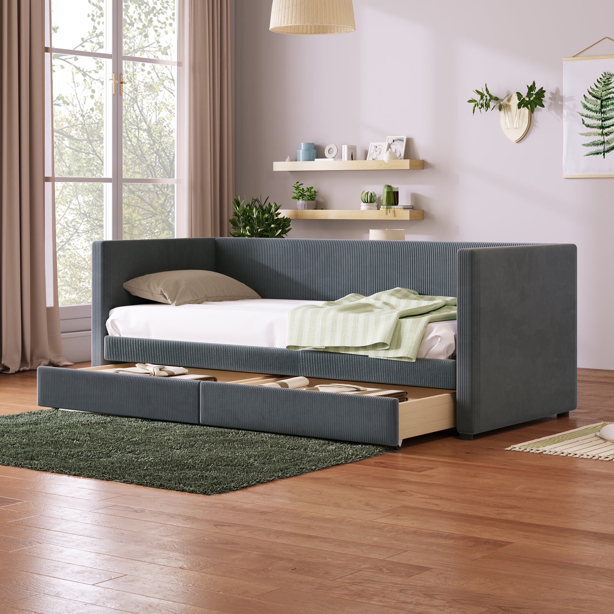 Twin Size Corduroy Daybed with Two Drawers and Wood Slat, Gray - Atlantic Fine Furniture Melbourne FL