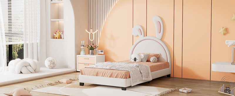 Upholstered Leather Platform Bed With Rabbit Ornament