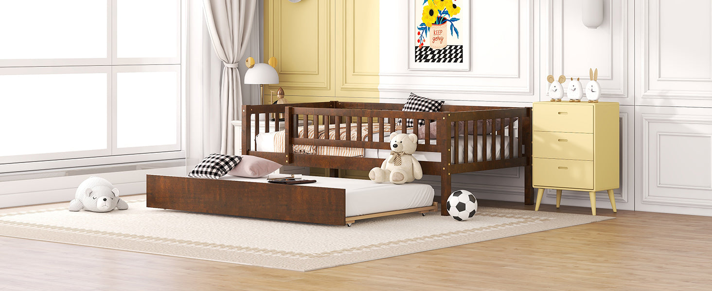 Twin Size Wood Daybed with Trundle and Fence Guardrails, Walnut - Atlantic Fine Furniture Melbourne FL