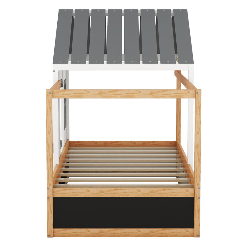 Twin Size House Shaped Canopy Bed with Black Roof and White Window,Blackboard and Little Shelf, White(Old SKU: WF294051AAK)