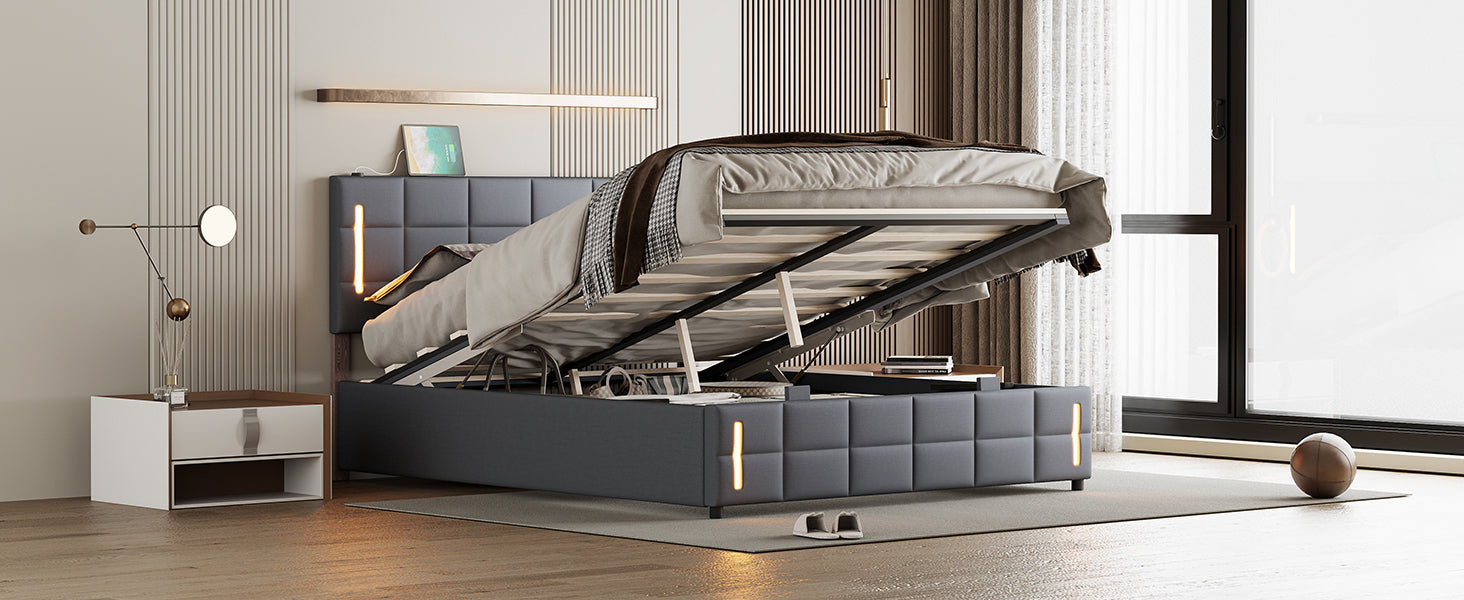 Full Size Upholstered Bed with Hydraulic Storage System and LED Light, Gray - Atlantic Fine Furniture Melbourne FL
